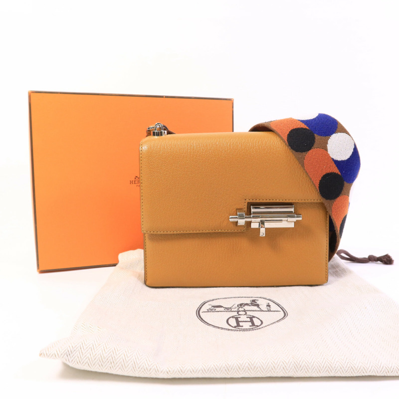 HERMES Chevre皮革Verrou Mini肩背袋Caramel-9