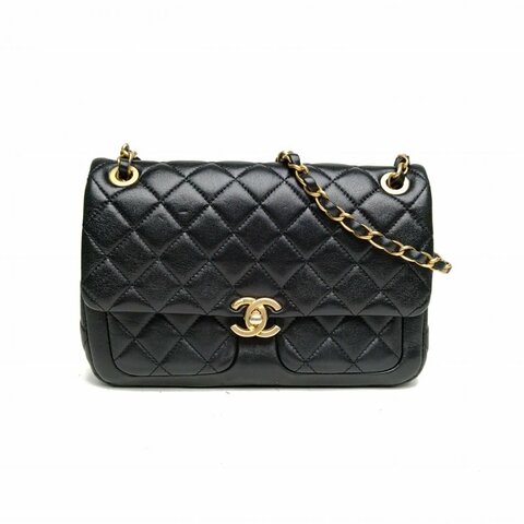 CHANEL 黑色羊皮晶片開金扣23KRabat雙口袋復古郵差包小號23肩背包