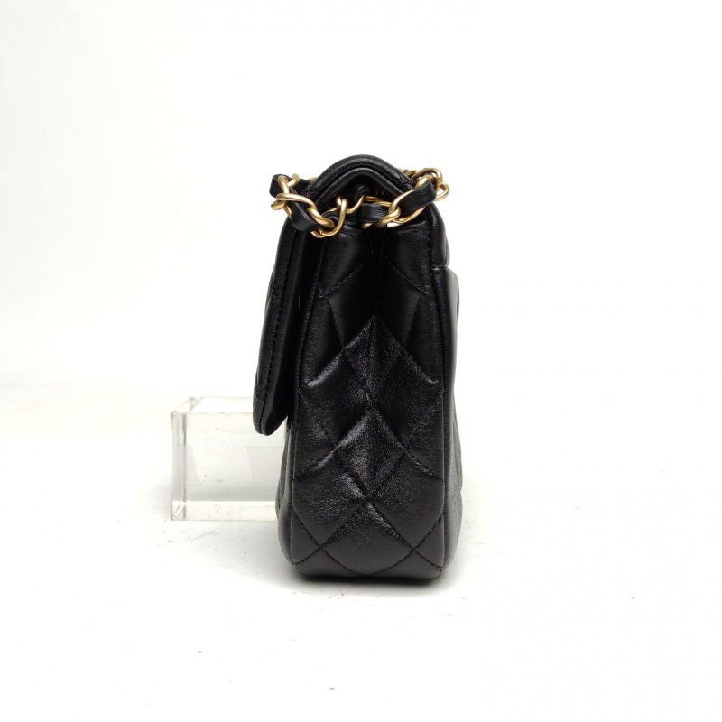 CHANEL 黑色羊皮晶片開金扣23KRabat雙口袋復古郵差包小號23肩背包-1