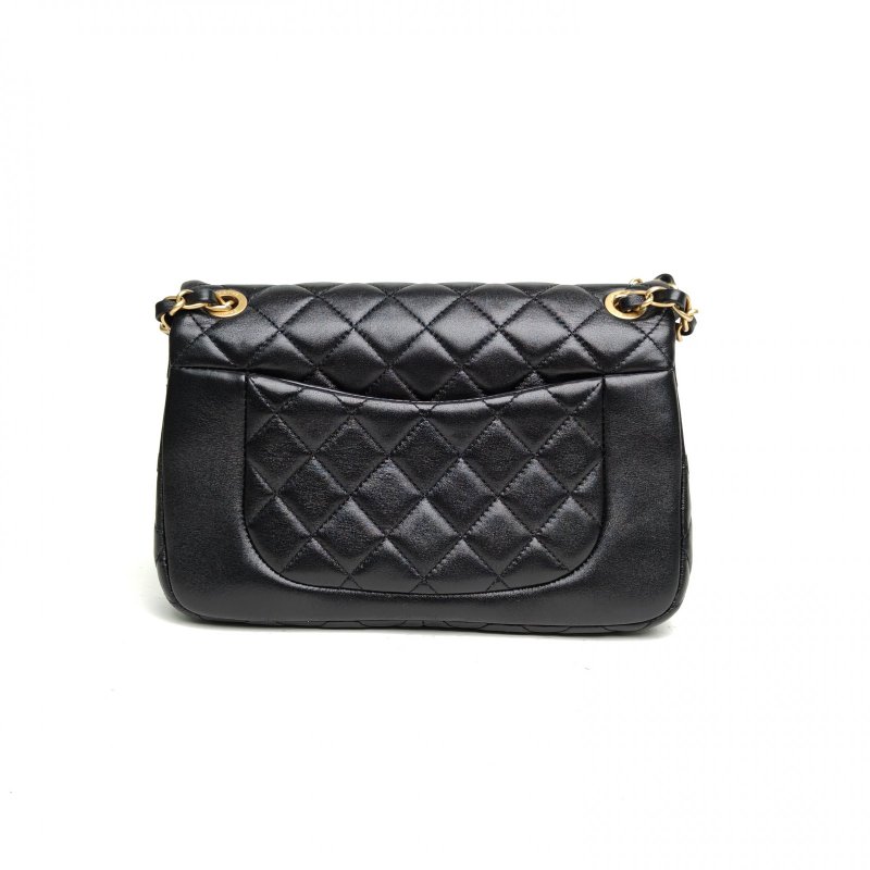 CHANEL 黑色羊皮晶片開金扣23KRabat雙口袋復古郵差包小號23肩背包-2