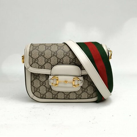 GUCCI Horsebit馬銜扣1955馬鞍包Mini20.5可拆卸雙肩帶白色PVC金扣肩背包