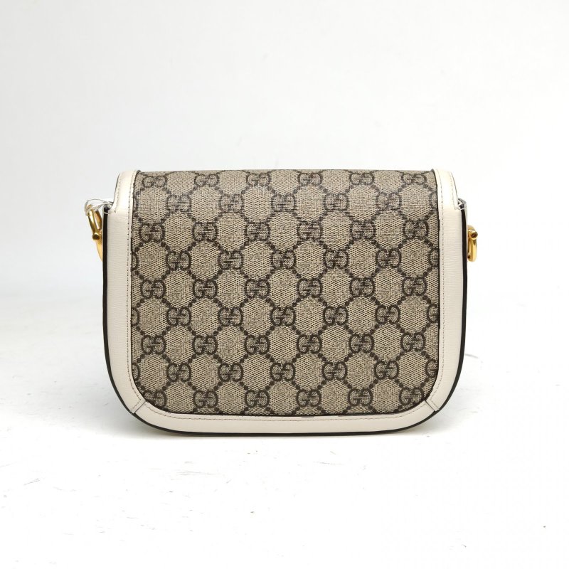GUCCI Horsebit馬銜扣1955馬鞍包Mini20.5可拆卸雙肩帶白色PVC金扣肩背包-2