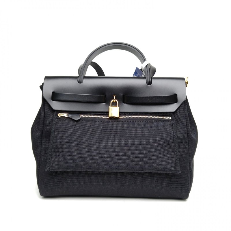 HERMES Herbag3189黑色帆布Z刻金扣肩背包-2