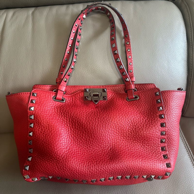 Valentino Rockstud牛皮紅色卯釘肩背包 附側背帶-0