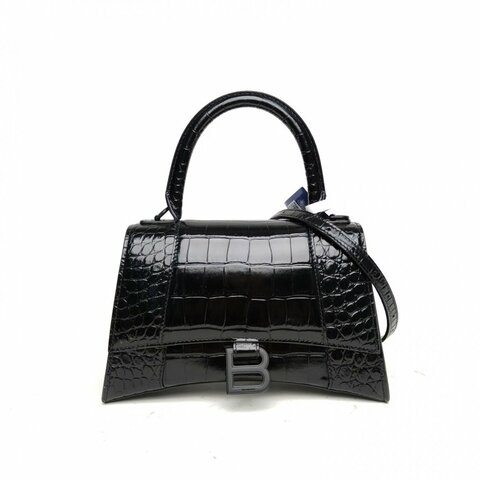 BALENCIAGA 鱷魚壓紋Hourglass沙漏手袋S碼黑扣黑色牛皮肩背包