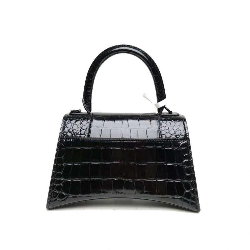BALENCIAGA 鱷魚壓紋Hourglass沙漏手袋S碼黑扣黑色牛皮肩背包-2
