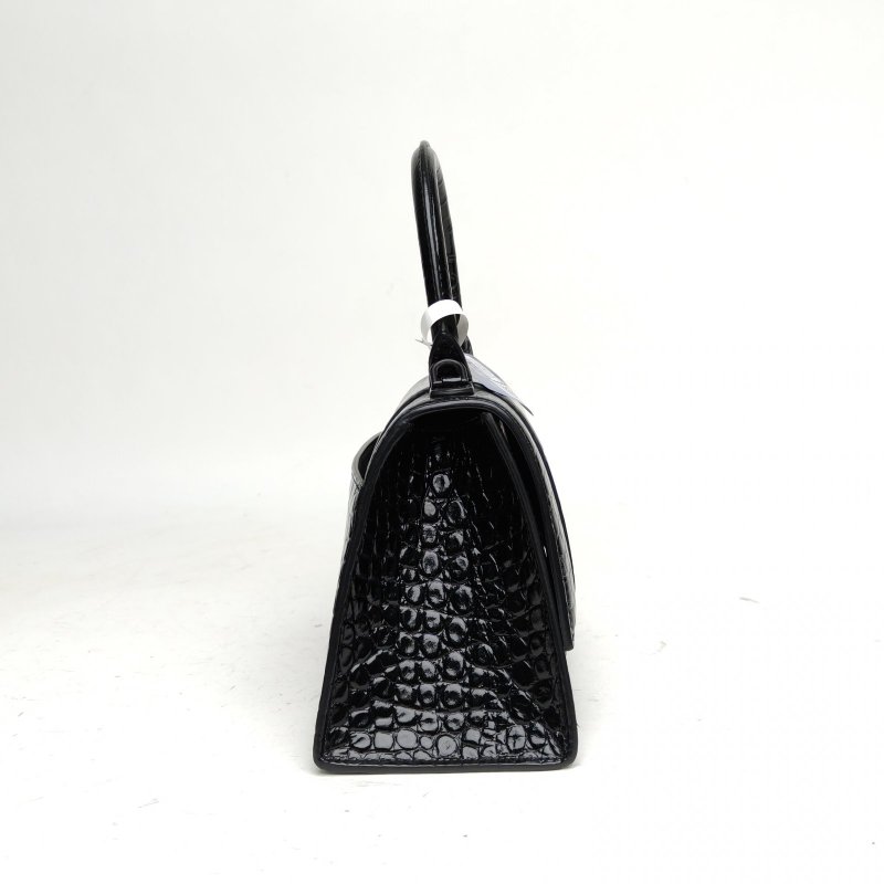 BALENCIAGA 鱷魚壓紋Hourglass沙漏手袋S碼黑扣黑色牛皮肩背包-3