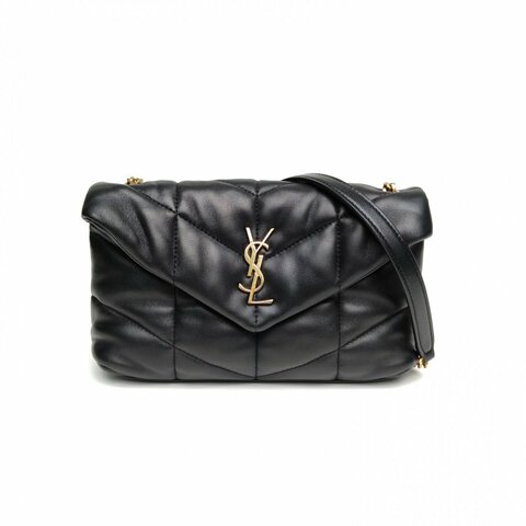 SAINT LAURENT Puffer雲朵包Mini23黑色羊皮金扣肩背包