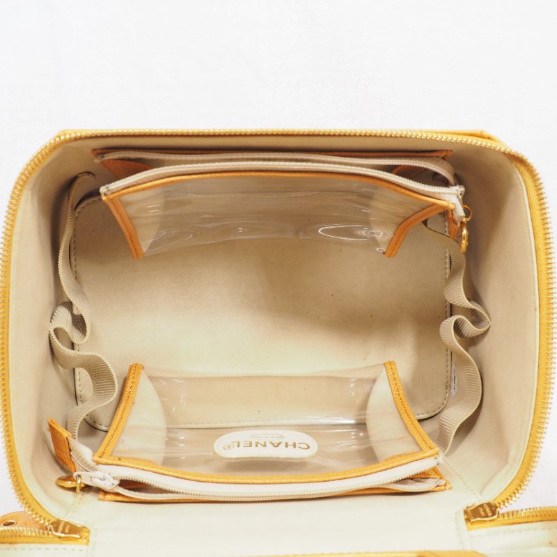 CHANEL Vintage Caviar Vanity Case 琥珀黃荔枝皮化妝箱-13