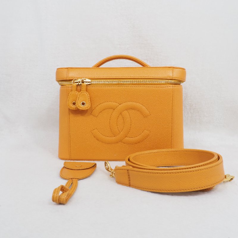 CHANEL Vintage Caviar Vanity Case 琥珀黃荔枝皮化妝箱-18