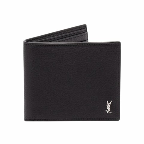 【YSL】SAINT LAURENT Tiny Cassandre East West Bifold 粒面皮革 卡夾 皮夾 短夾 黑色 銀色 847954