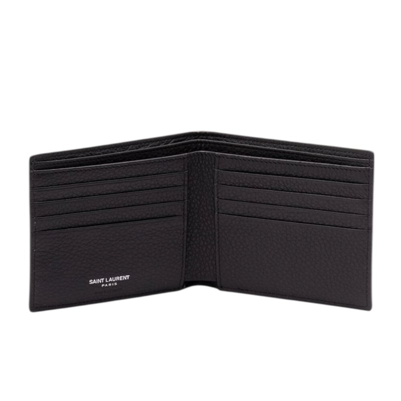 【YSL】SAINT LAURENT Tiny Cassandre East West Bifold 粒面皮革 卡夾 皮夾 短夾 黑色 銀色 847954-2