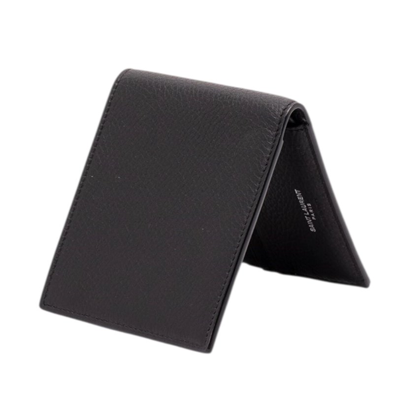 【YSL】SAINT LAURENT Tiny Cassandre East West Bifold 粒面皮革 卡夾 皮夾 短夾 黑色 銀色 847954-3