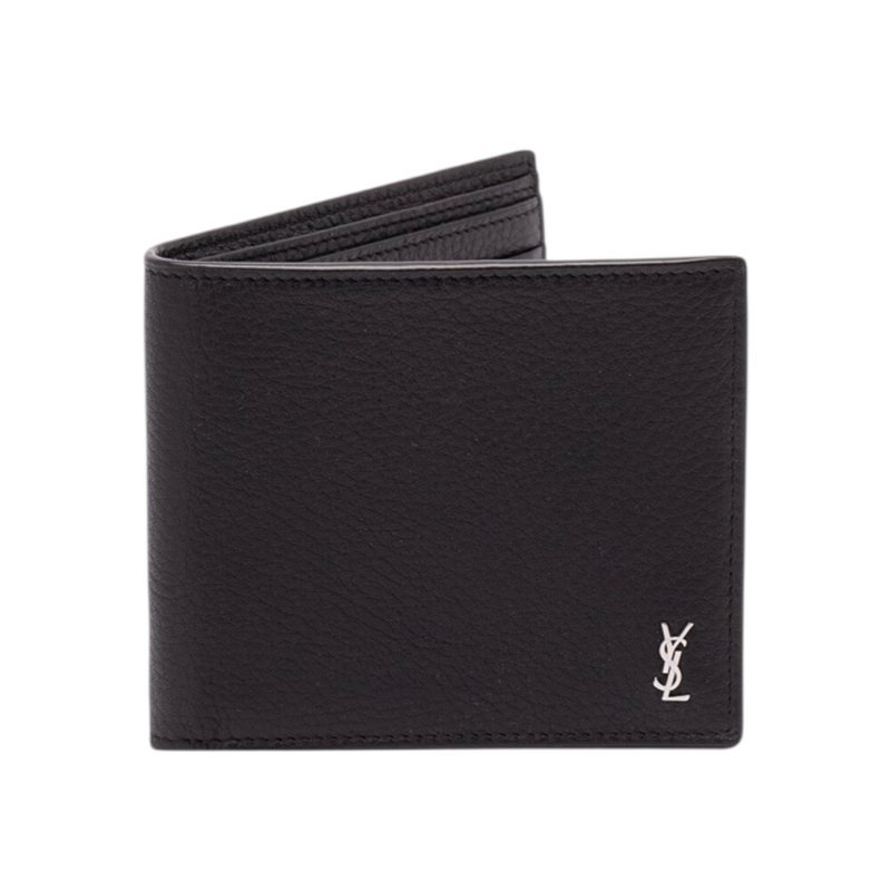 【YSL】SAINT LAURENT Tiny Cassandre East West Bifold 粒面皮革 卡夾 皮夾 短夾 黑色 銀色 847954-4