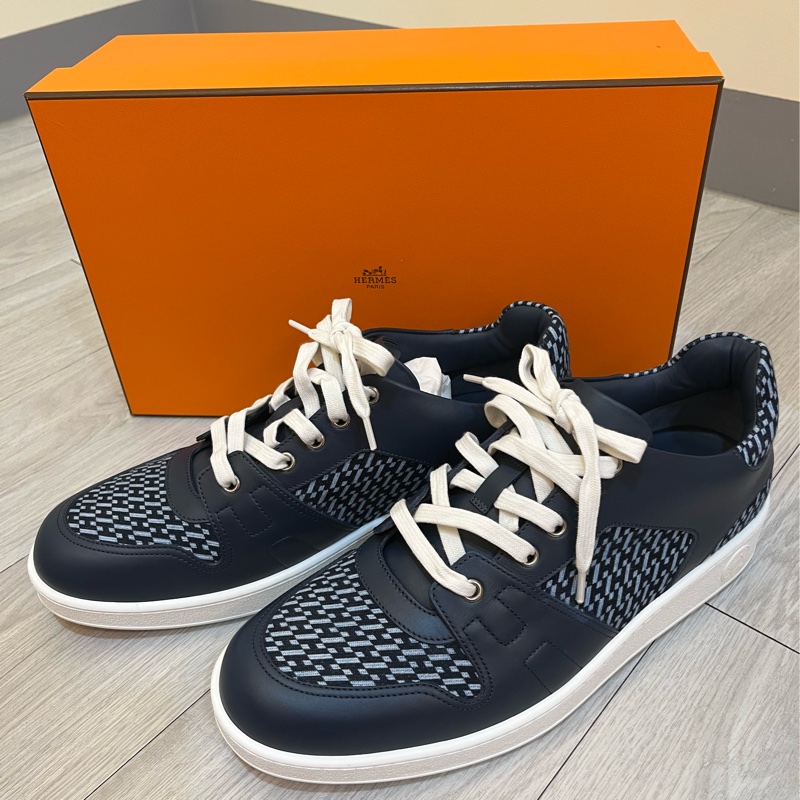 現貨商品 二手商品 台灣購證 Hermes 男性深藍色經典H休閒鞋-5