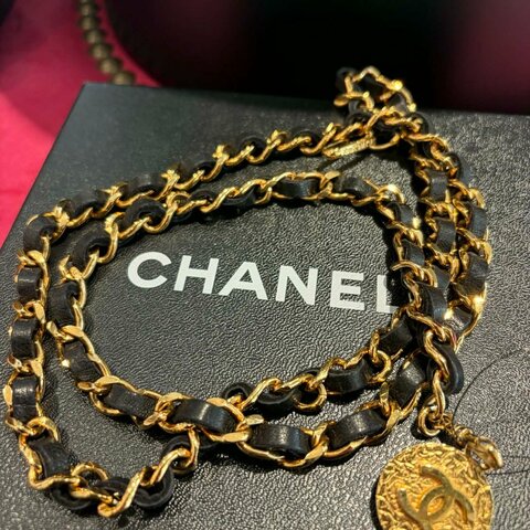 CHANEL 皮穿鏈金幣腰鏈