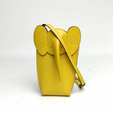 LOEWE ElephantPocketLogo小象手機包黃色牛皮銀扣肩背包