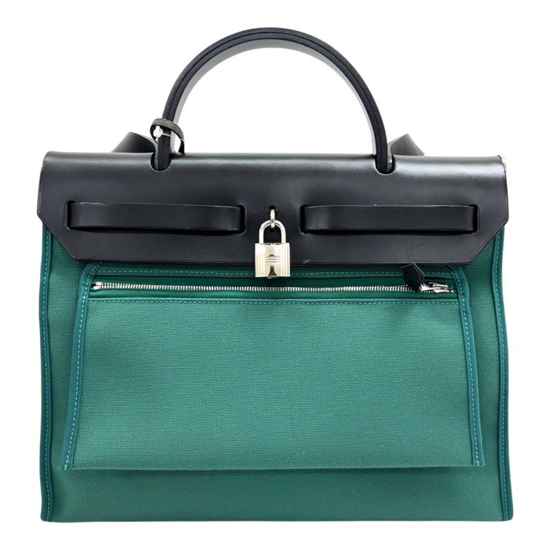 綠色 VERT VERONE Toile calf 帆布 Herbag Zip 31 肩背包 A刻 銀和 【HERMES 愛馬仕】 H079092CC-2