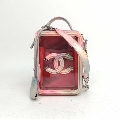 CHANEL VanityCase相機包豎版配手柄粉色PVC29開銀扣肩背包