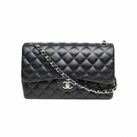 CHANEL CF口蓋包JUMBO30黑色羊皮18開銀扣肩背包