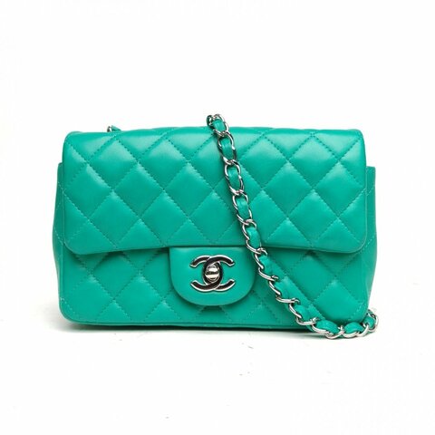 CHANEL CF口蓋包大Mini20綠色羊皮16開銀扣肩背包