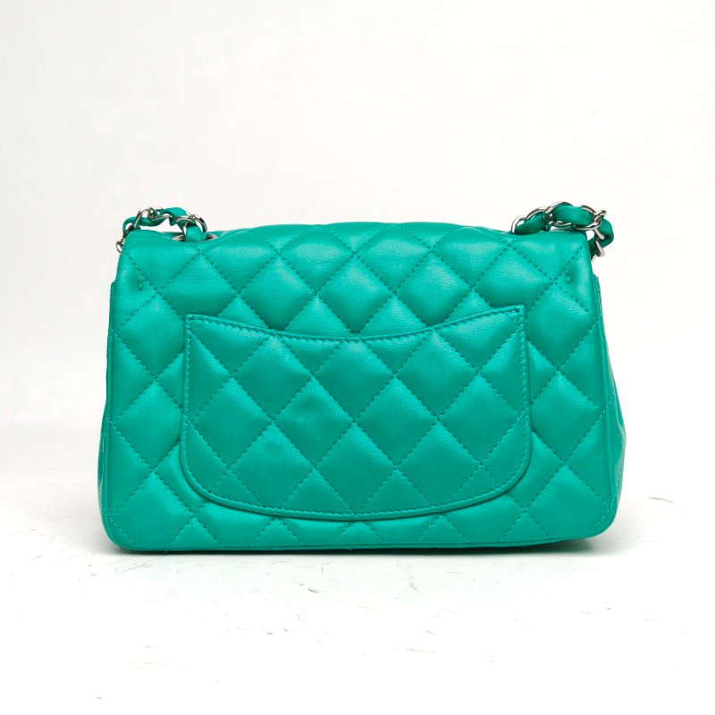 CHANEL CF口蓋包大Mini20綠色羊皮16開銀扣肩背包-2