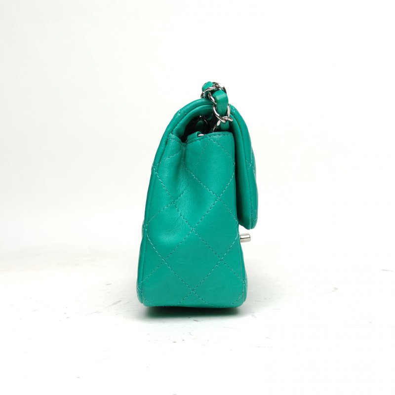 CHANEL CF口蓋包大Mini20綠色羊皮16開銀扣肩背包-3