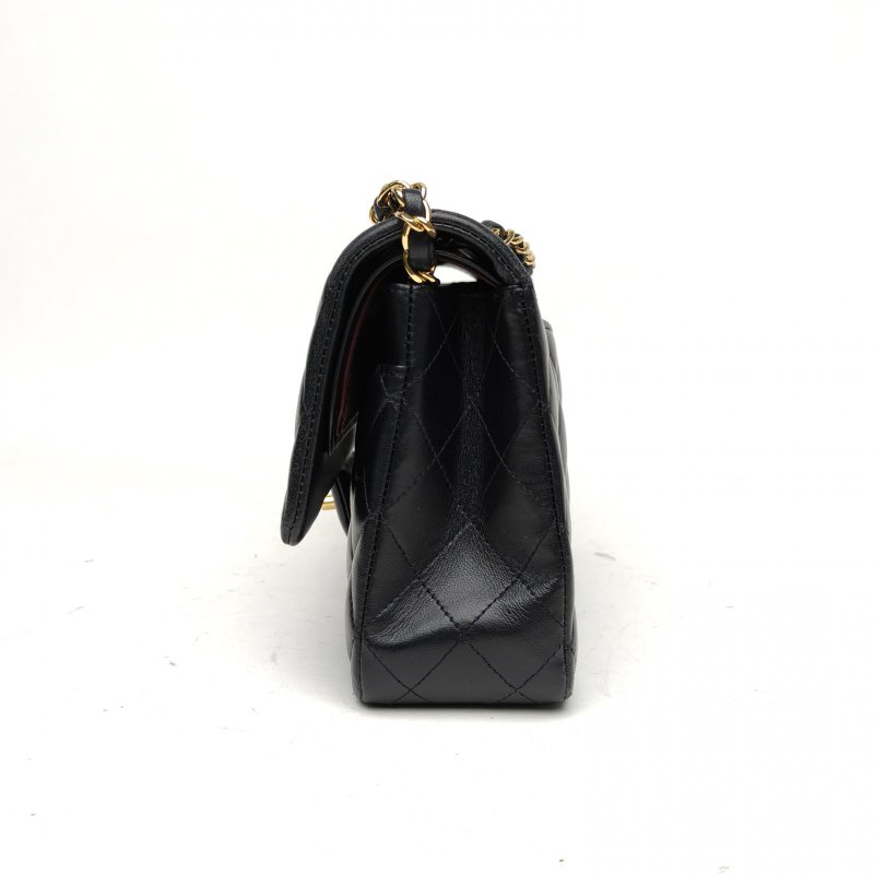 CHANEL CF口蓋包中號25.5黑色羊皮27開金扣菱格紋肩背包-1