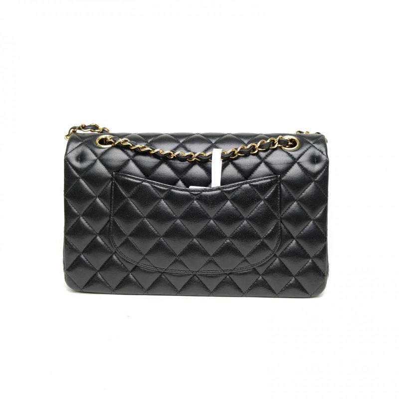 CHANEL CF口蓋包中號25.5黑色羊皮27開金扣菱格紋肩背包-2