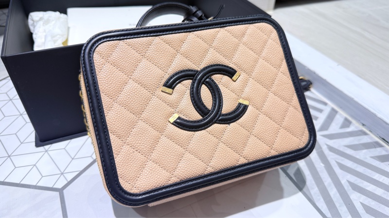 香奈兒CHANEL vanity 奶茶色拼色 相機包 荔枝牛皮 小號-0