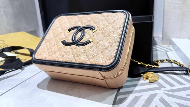 香奈兒CHANEL vanity 奶茶色拼色 相機包 荔枝牛皮 小號-2
