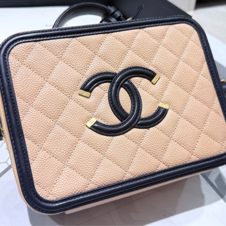 香奈兒CHANEL vanity 奶茶色拼色 相機包 荔枝牛皮 小號-7