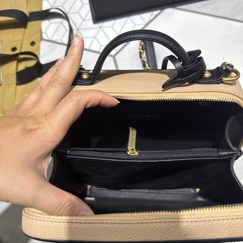 香奈兒CHANEL vanity 奶茶色拼色 相機包 荔枝牛皮 小號-10
