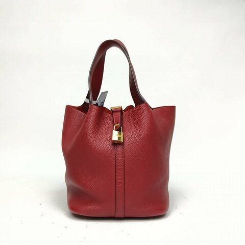 HERMES Picotin22菜籃子石榴紅TC皮Y刻金扣肩背包