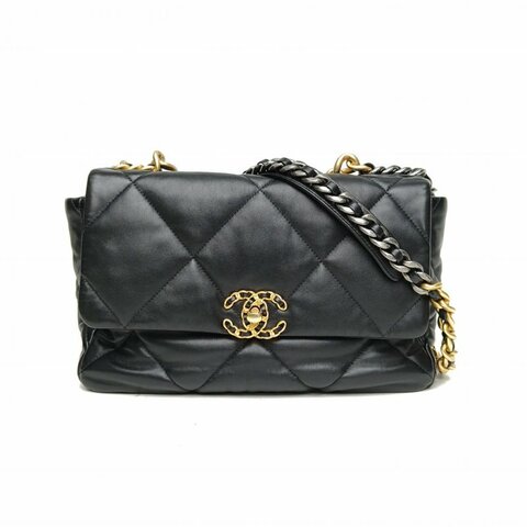 CHANEL 19BAG口蓋包中號30黑色羊皮晶片金銀扣肩背包