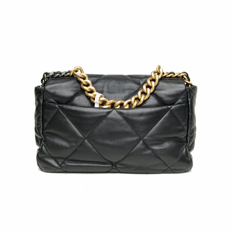 CHANEL 19BAG口蓋包中號30黑色羊皮晶片金銀扣肩背包-2