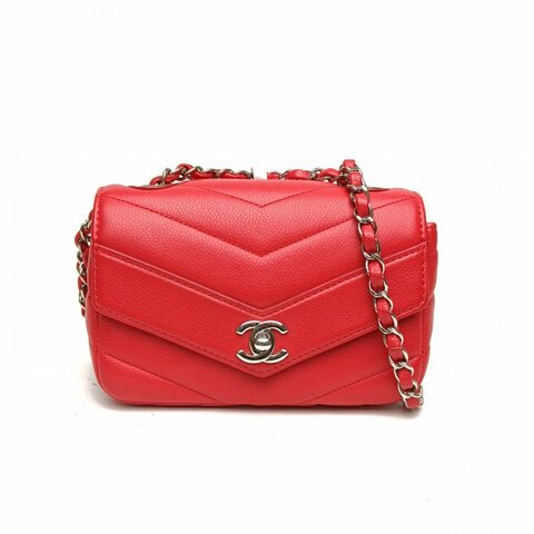 CHANEL 紅色荔枝牛皮24開銀扣CF口蓋包mini季節款V紋肩背包
