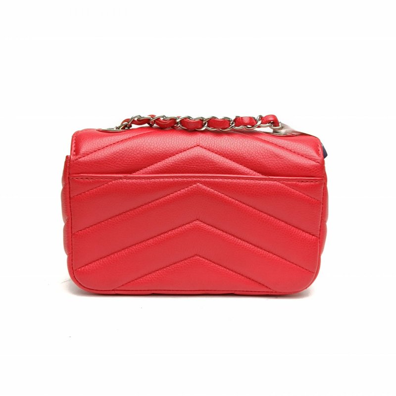 CHANEL 紅色荔枝牛皮24開銀扣CF口蓋包mini季節款V紋肩背包-2