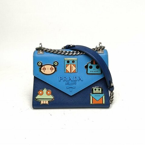 PRADA 藍色牛皮銀扣機器人徽章單肩包肩背包