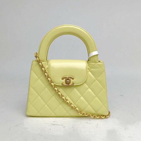CHANEL 25CKelly鏈條手柄手提包黃色牛皮晶片金扣肩背包
