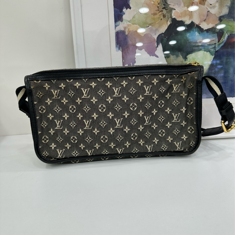 LV 路易威登開口笑腋下包黑灰色金扣牛仔丹寧-1
