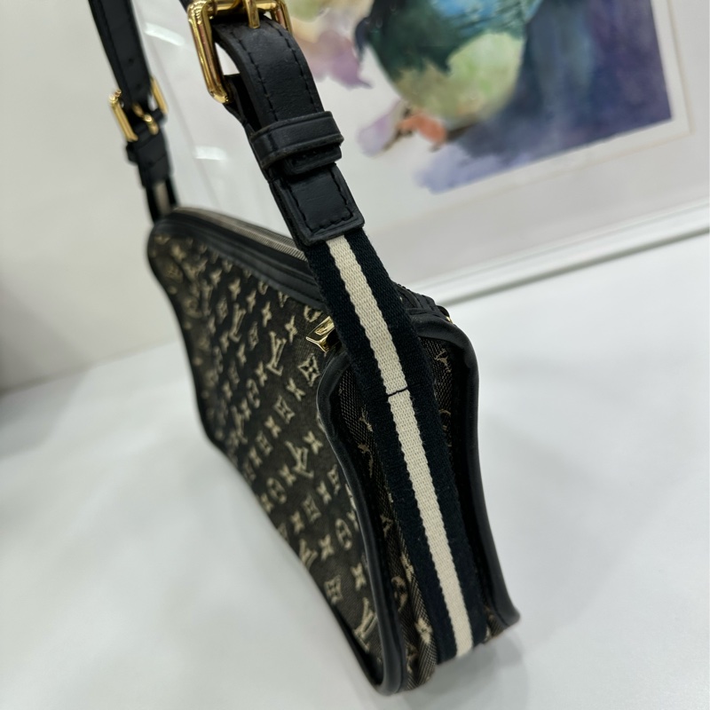 LV 路易威登開口笑腋下包黑灰色金扣牛仔丹寧-4