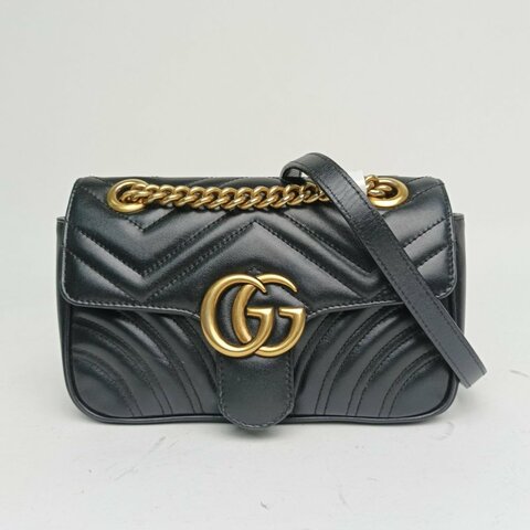 GUCCI GGMarmont肩背包Mini22黑色牛皮金扣肩背包
