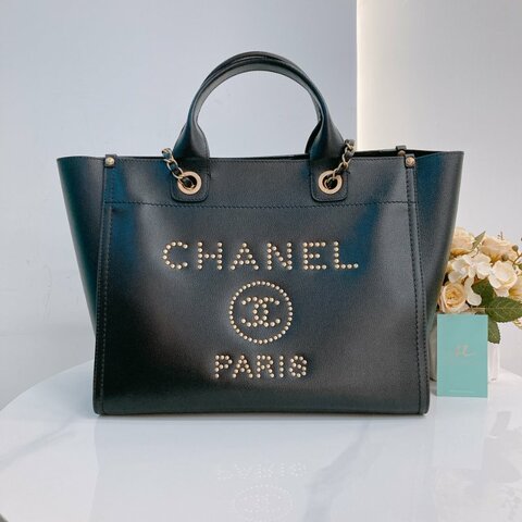 MS0683 Chanel 香奈兒 沙灘袋 購物包 小號 牛皮 黑色 釘子 金扣 Deauville Studded Shopping Bag Small Calfskin Black x GHW