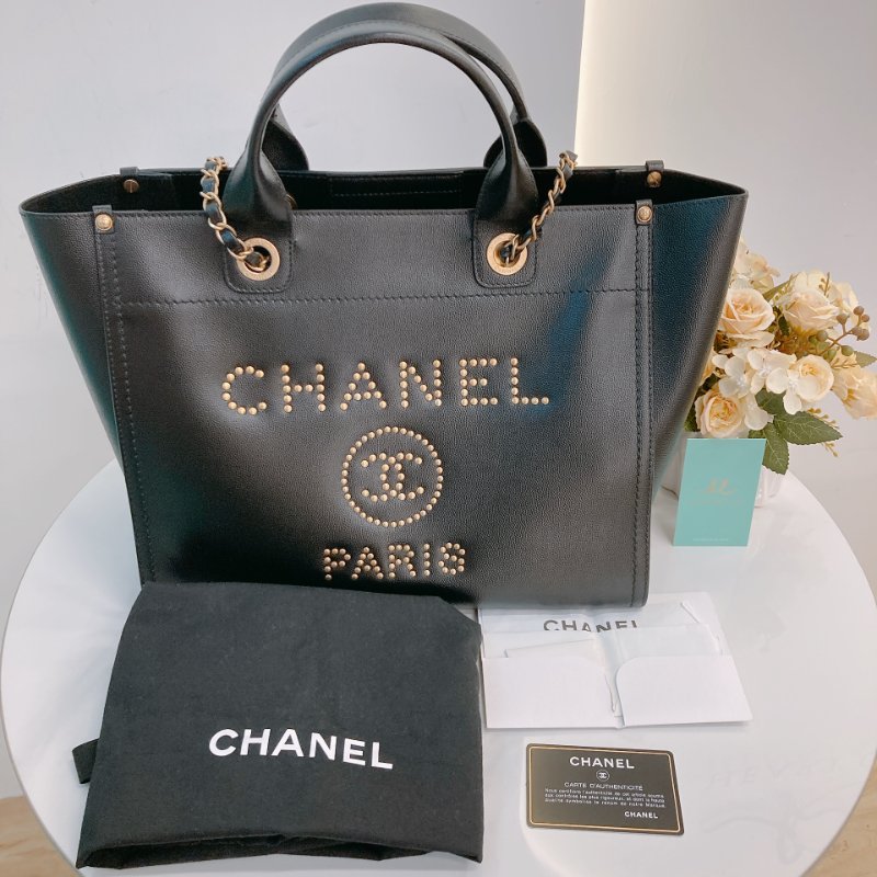 MS0683 Chanel 香奈兒 沙灘袋 購物包 小號 牛皮 黑色 釘子 金扣 Deauville Studded Shopping Bag Small Calfskin Black x GHW-20
