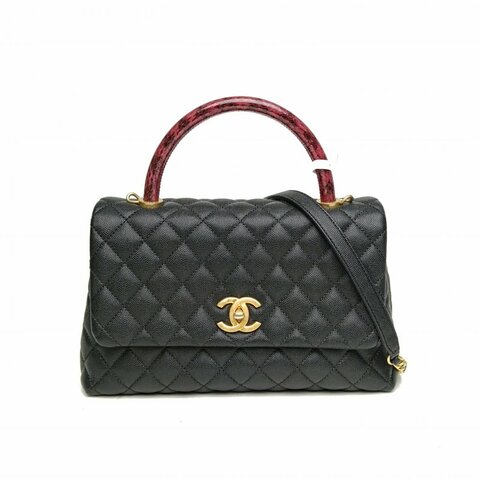 CHANEL CocoHandle中號黑色荔枝牛皮26開菱格紋蛇皮手柄肩背包