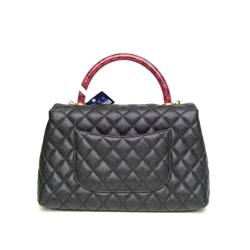 CHANEL CocoHandle中號黑色荔枝牛皮26開菱格紋蛇皮手柄肩背包-2