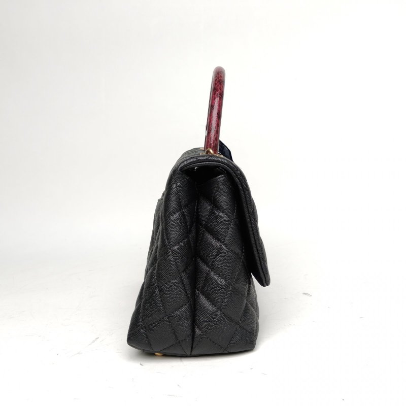 CHANEL CocoHandle中號黑色荔枝牛皮26開菱格紋蛇皮手柄肩背包-3