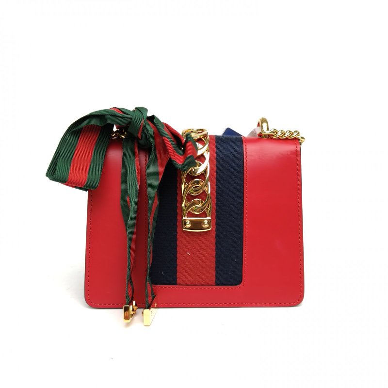 GUCCI Sylvie塞爾維亞絲帶包Mini19紅色牛皮金扣肩背包-2