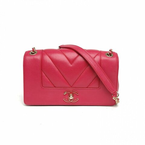 CHANEL 玫紅羊皮24開琺瑯扣季節款雙C口蓋包21肩背包